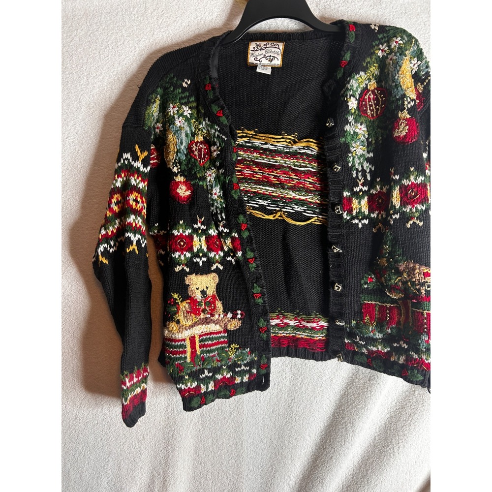 Heirloom Collectibles Vintage Christmas Cardigan Sweater Teddy Bear Black Medium